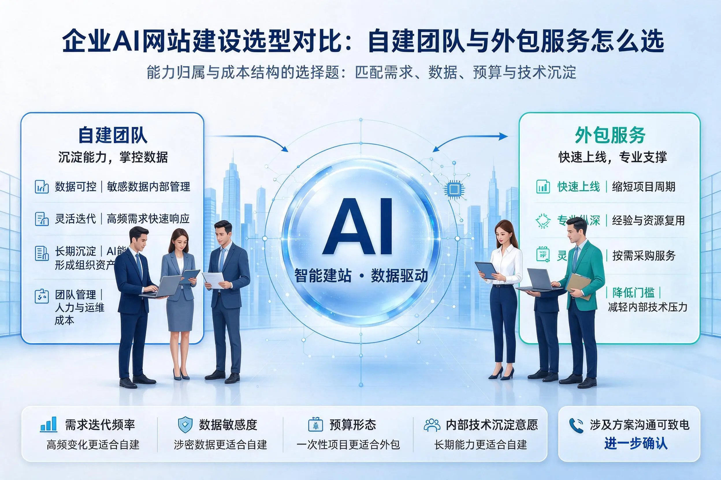 凉山企业AI网站建设选型对比：自建团队与外包服务怎么选